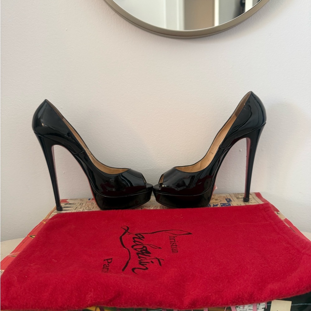 Christian Louboutin Patent Black Peep Toe Heels